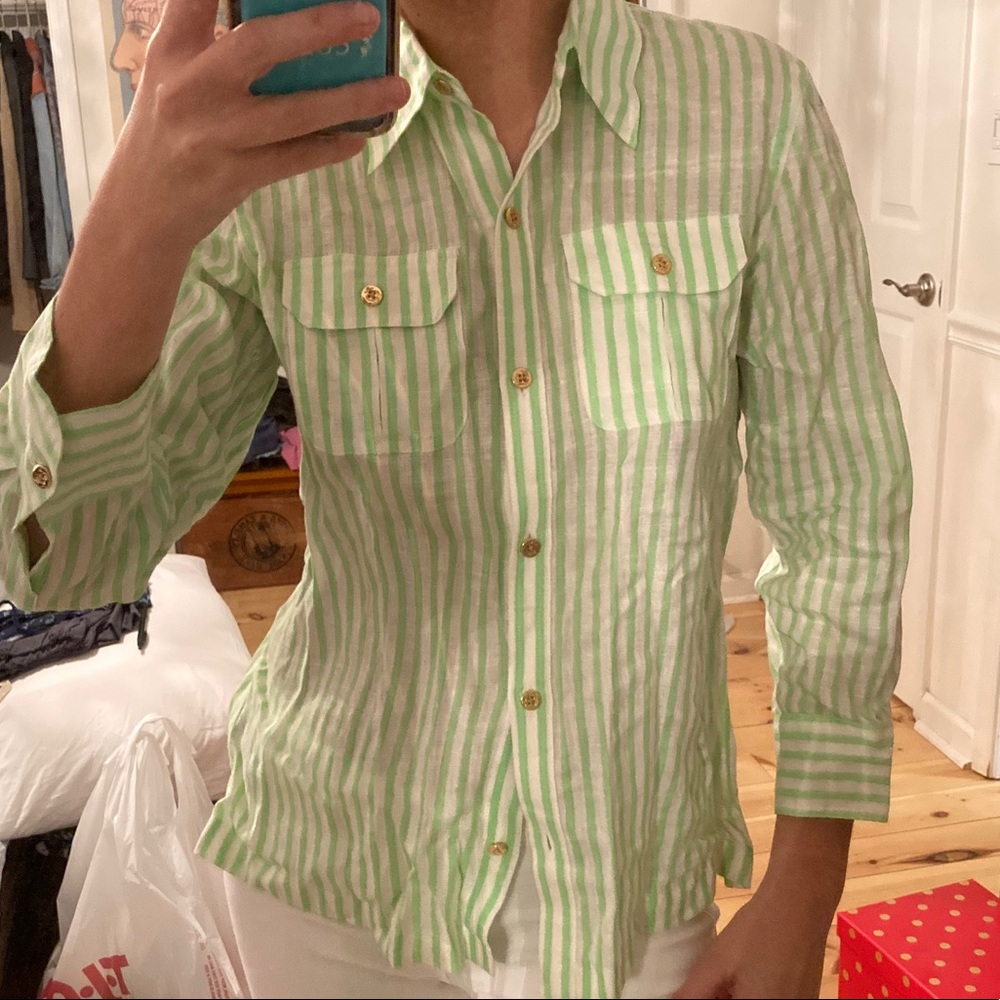 Ralph Lauren Green and White Stripped Linen Shirt